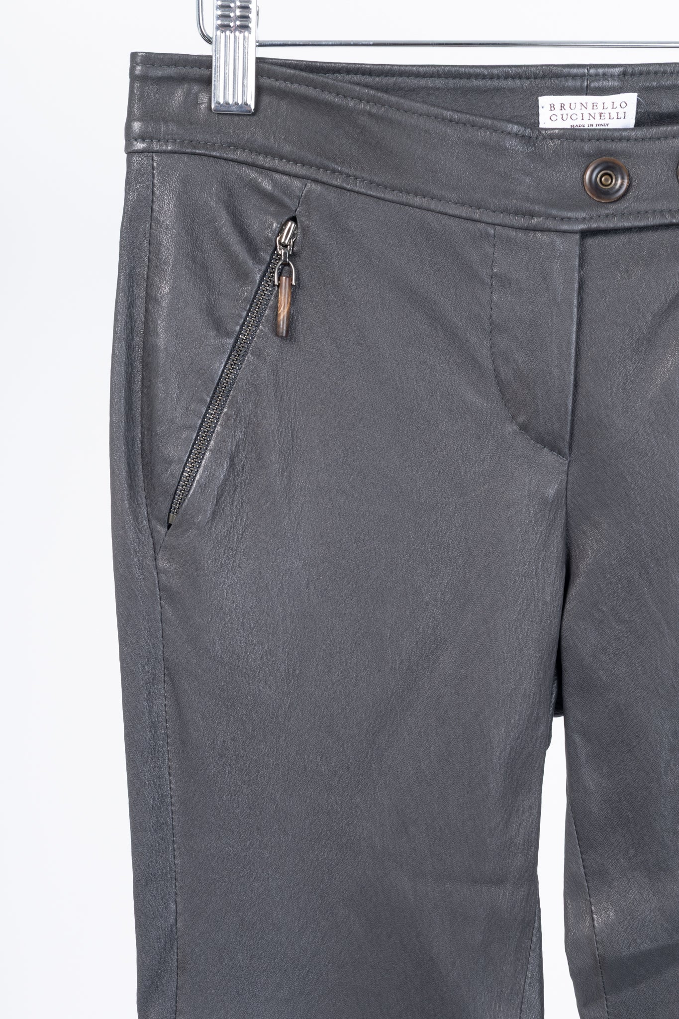Brunello Cucinelli Grey Leather Quilted Moto Skinny Pants