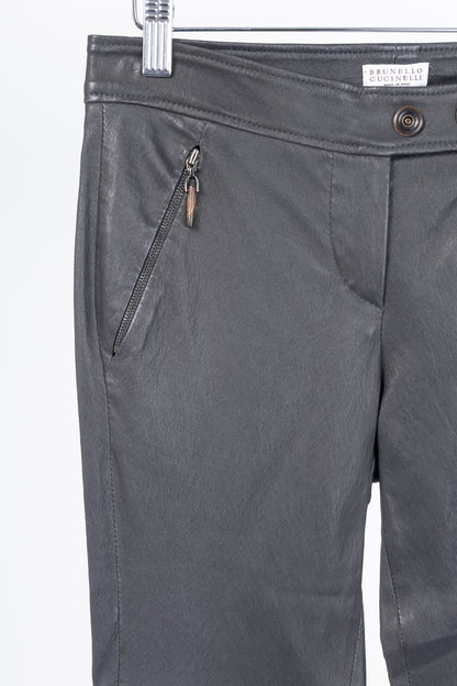 Brunello Cucinelli Grey Leather Quilted Moto Skinny Pants