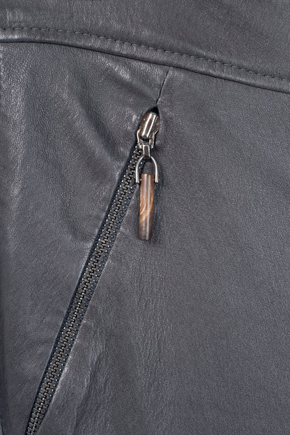 Brunello Cucinelli Grey Leather Quilted Moto Skinny Pants