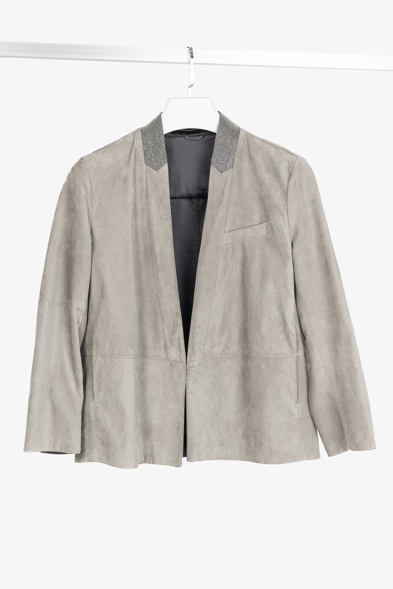 Brunello Cucinelli Taupe Suede Monili-Neck Jacket