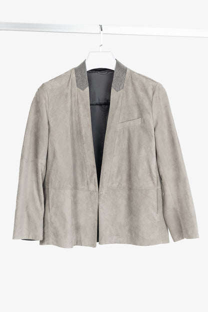 Brunello Cucinelli Taupe Suede Monili-Neck Jacket