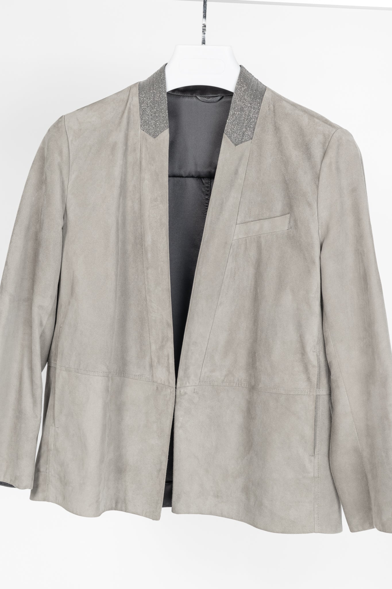 Brunello Cucinelli Taupe Suede Monili-Neck Jacket