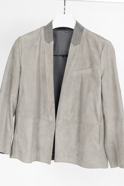 Brunello Cucinelli Taupe Suede Monili-Neck Jacket