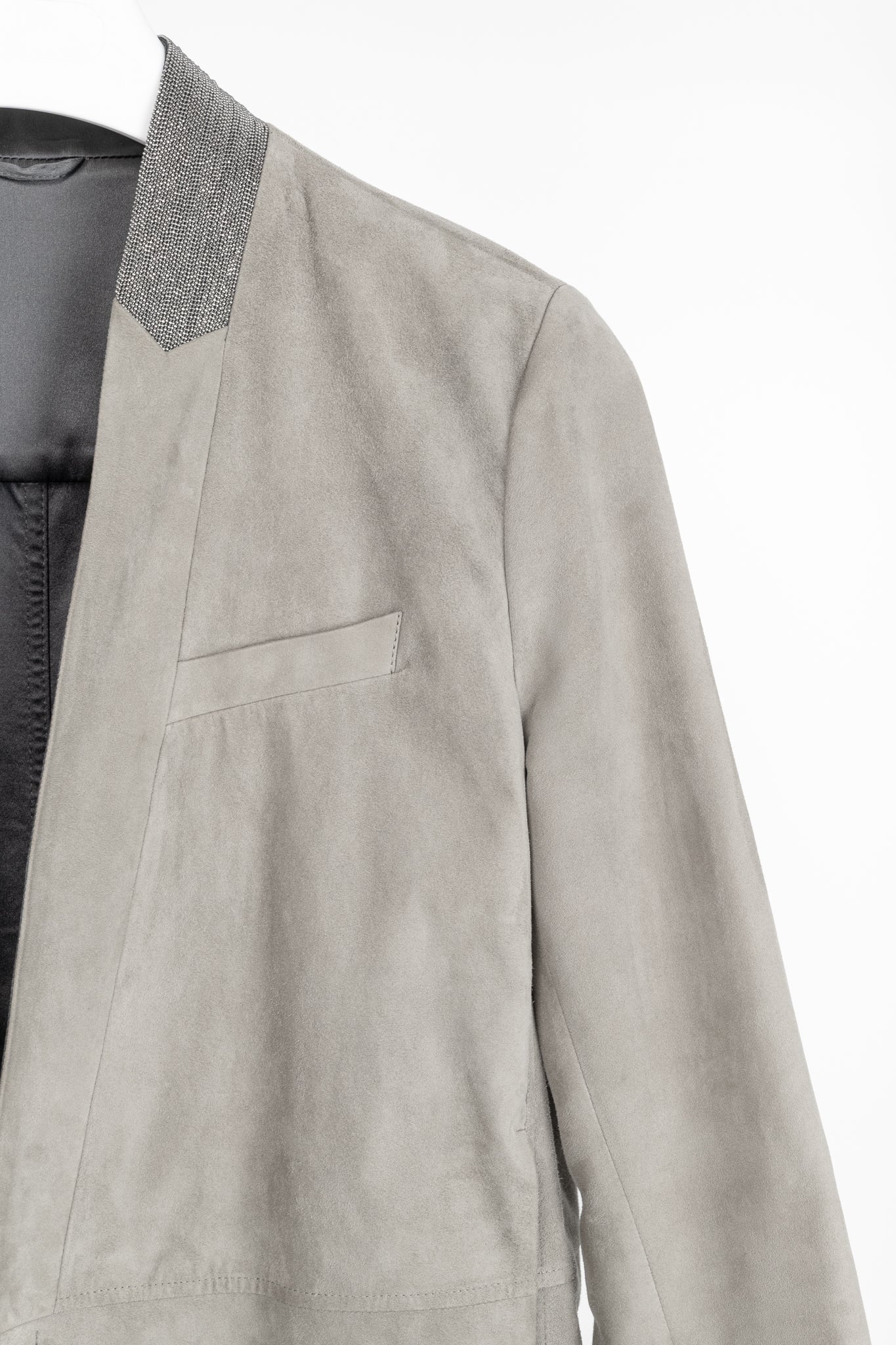 Brunello Cucinelli Taupe Suede Monili-Neck Jacket