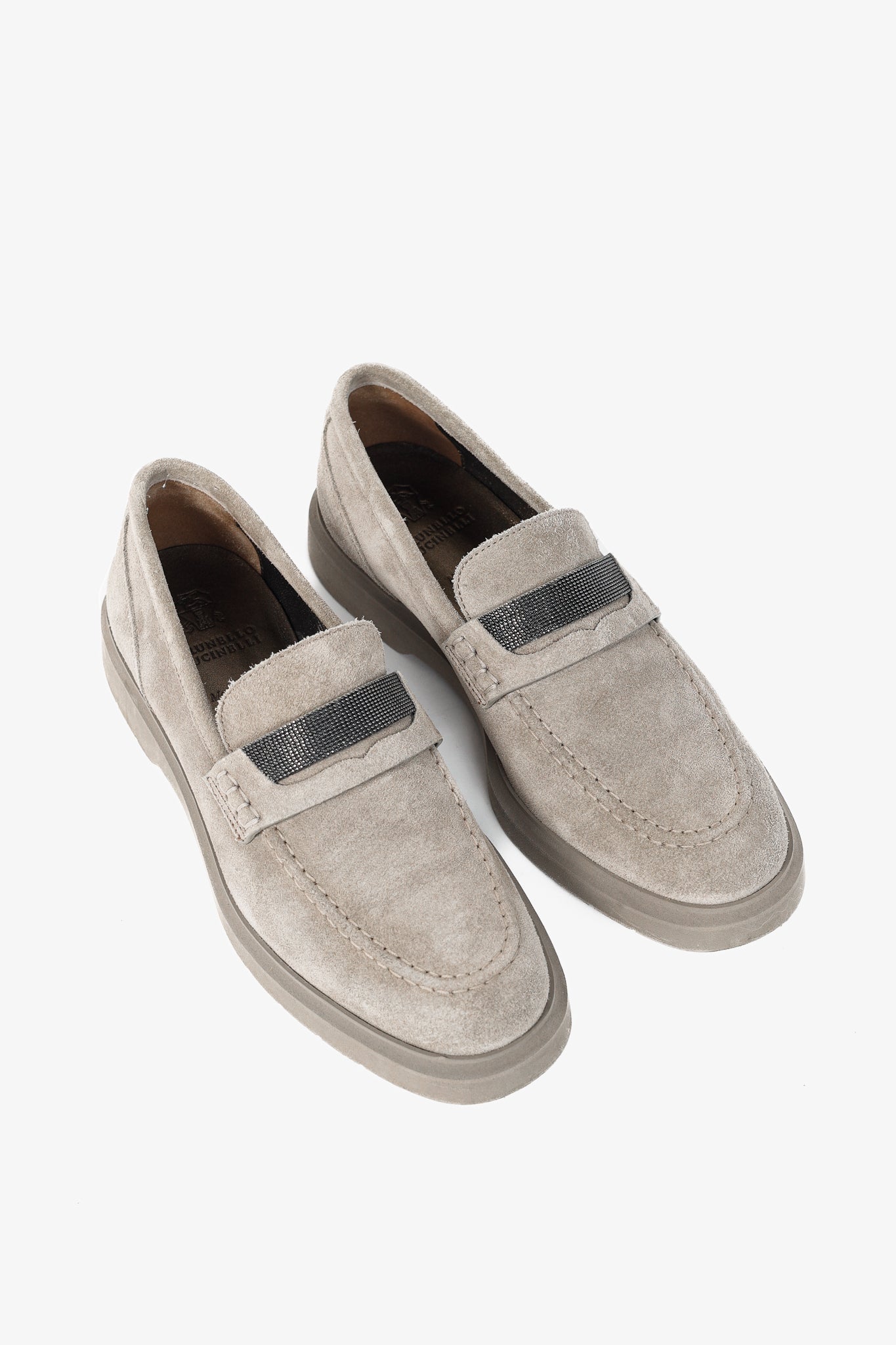 Brunello Cucinelli Taupe Suede Monili-Strap Loafers