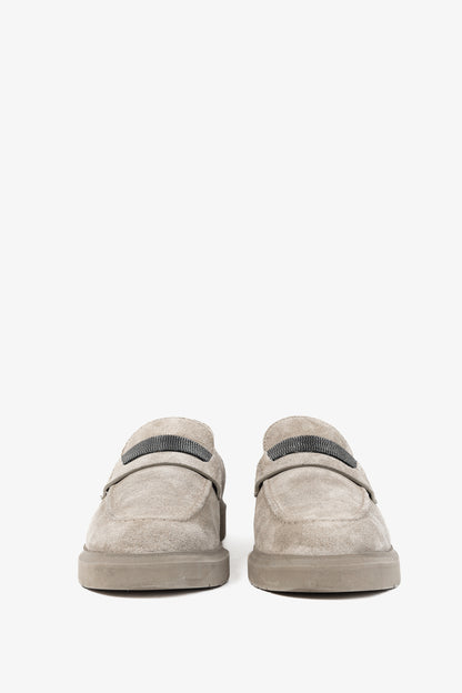 Brunello Cucinelli Taupe Suede Monili-Strap Loafers