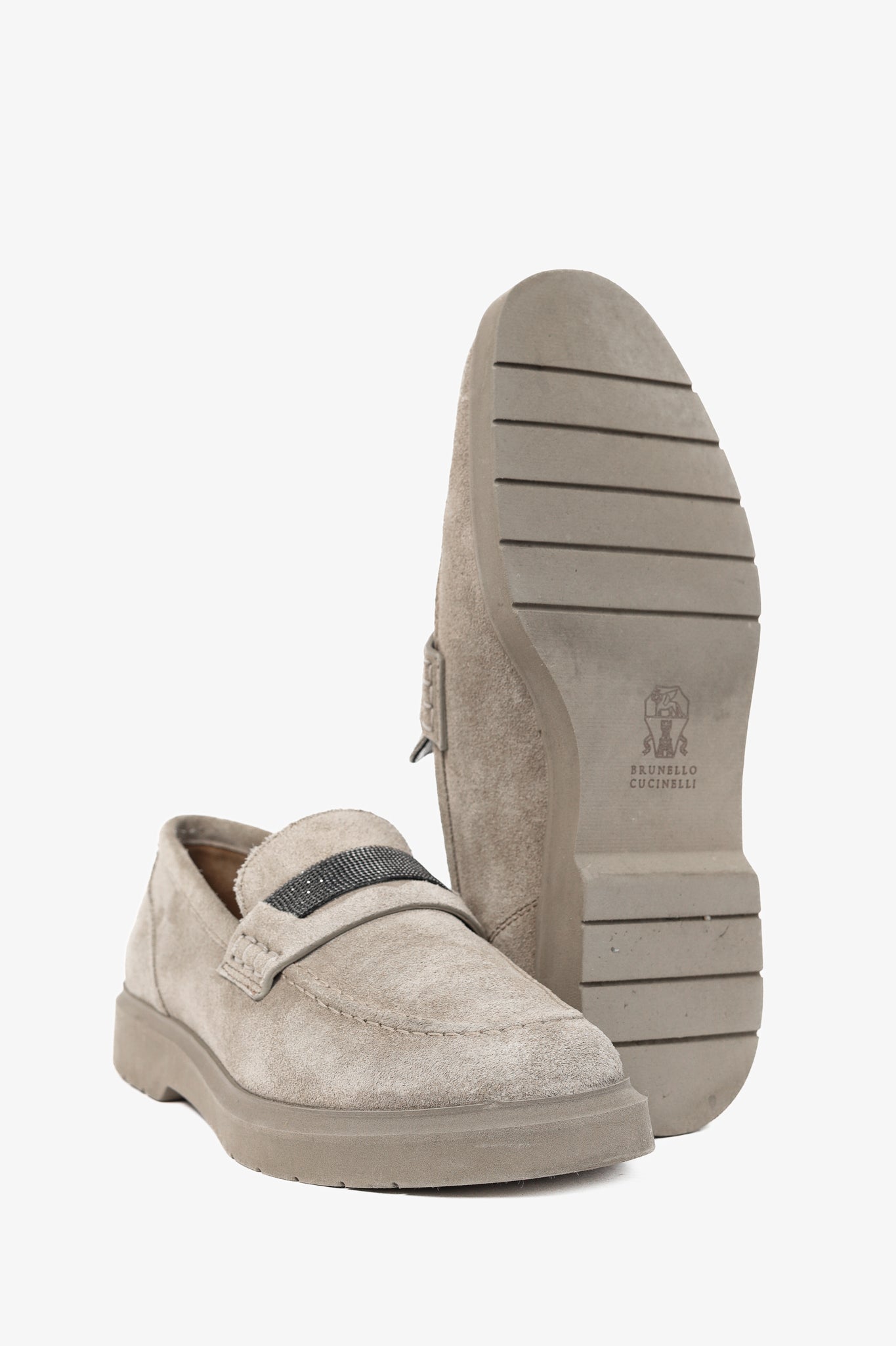Brunello Cucinelli Taupe Suede Monili-Strap Loafers