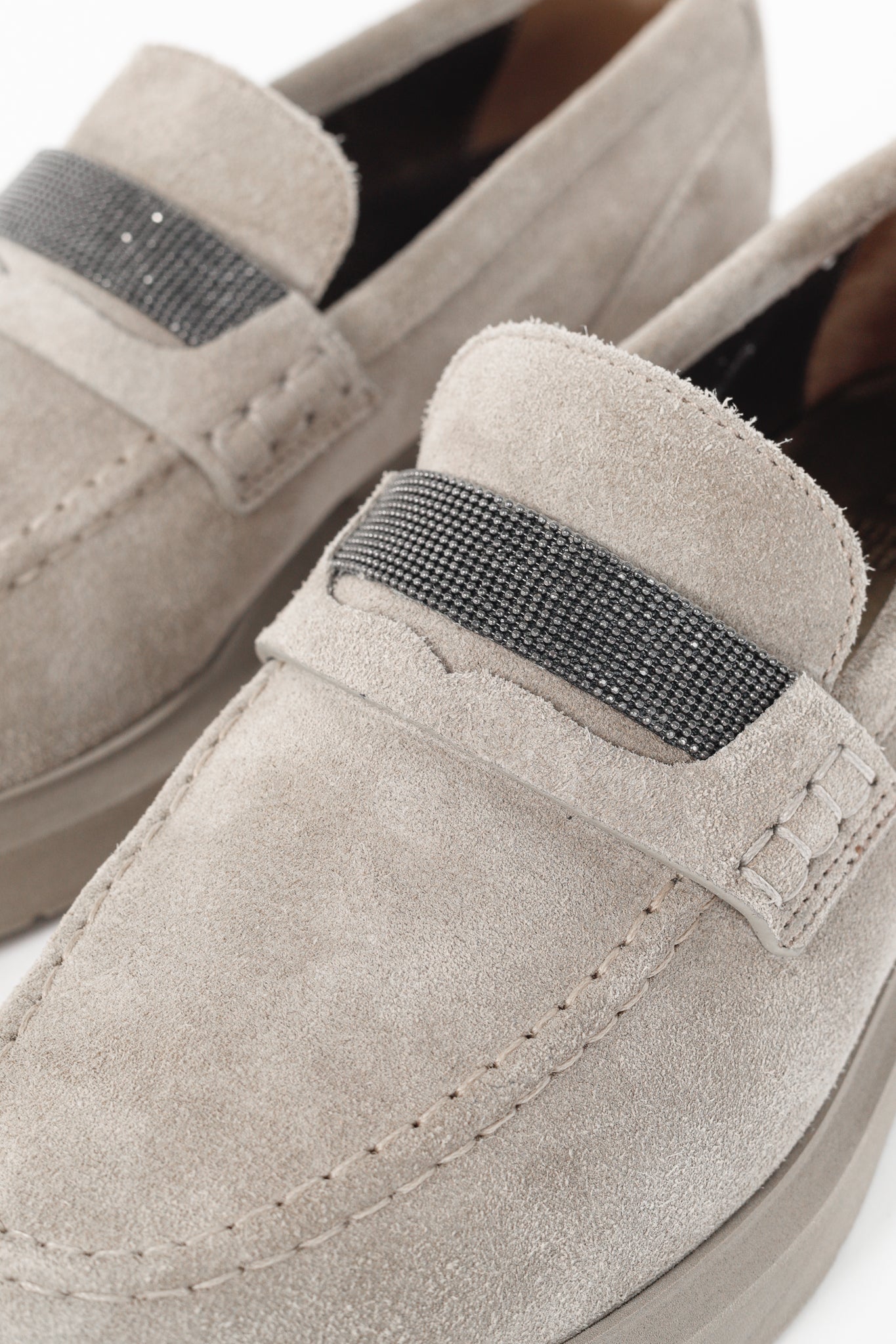 Brunello Cucinelli Taupe Suede Monili-Strap Loafers