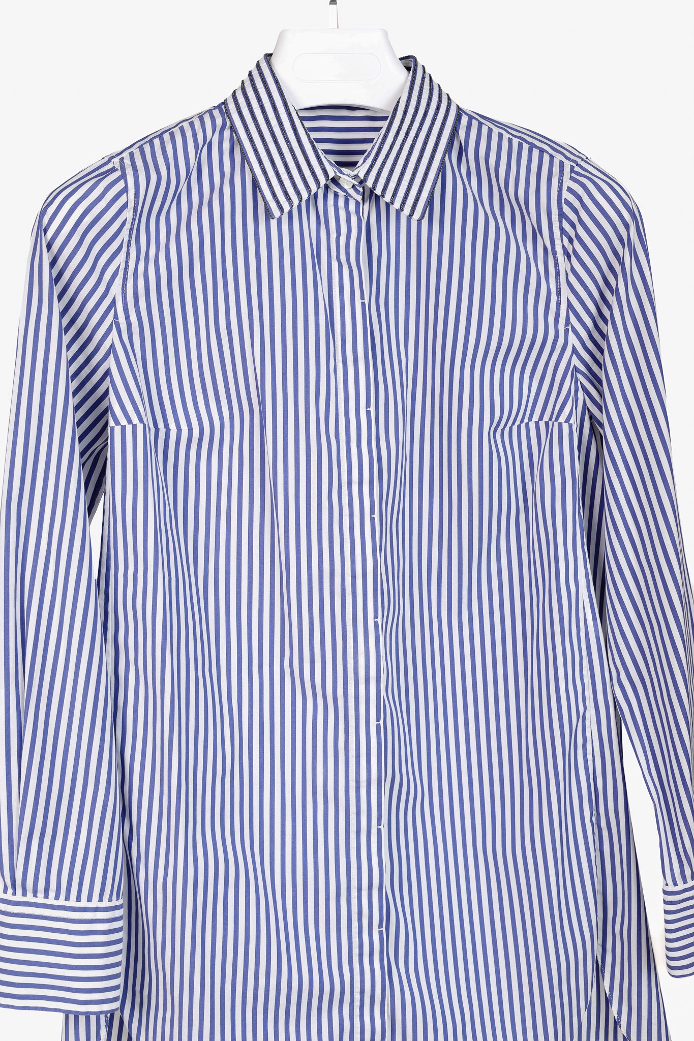 Brunello Cucinelli AW/16 Blue White Striped Monili-Bead Shirt