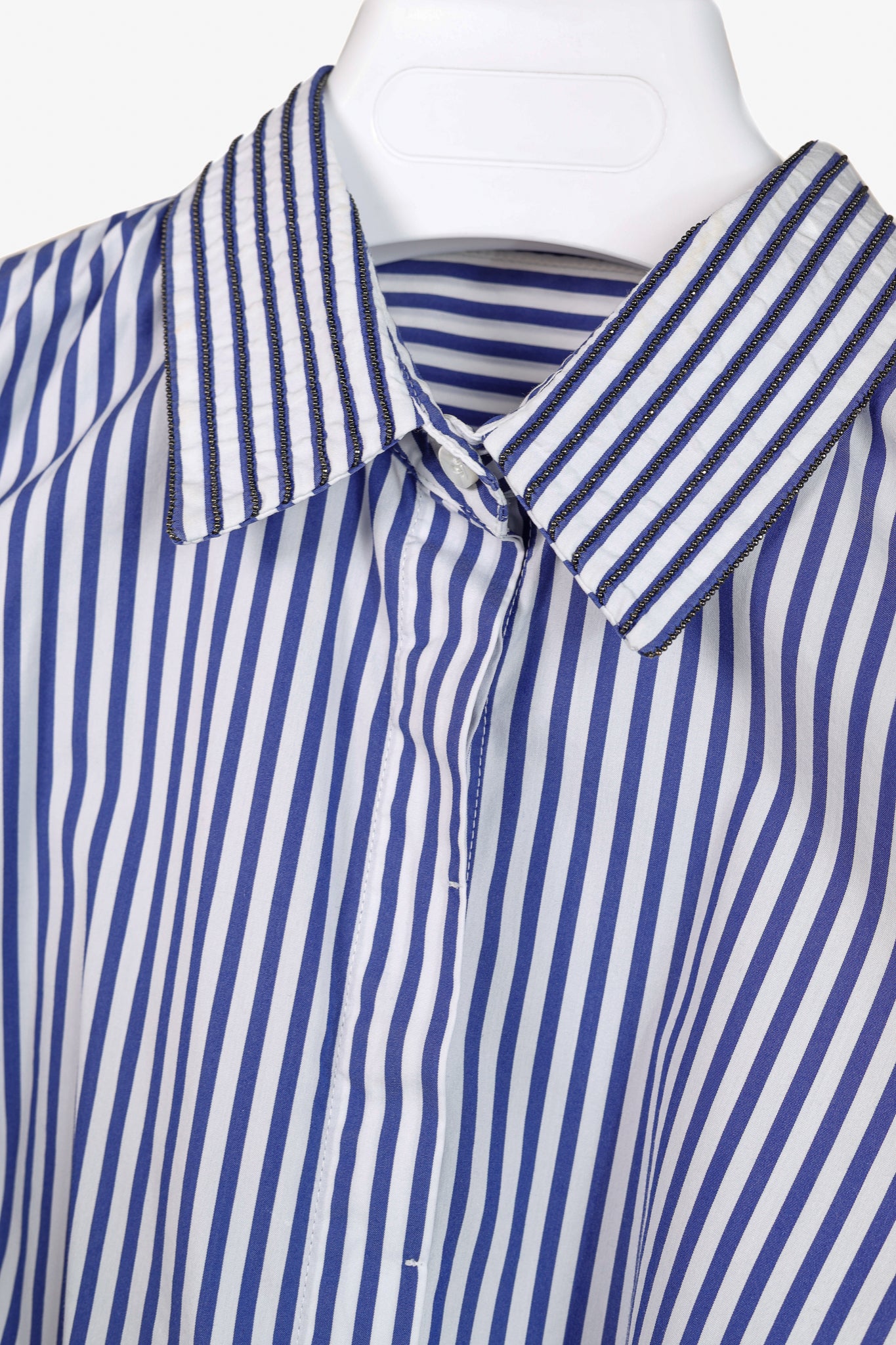 Brunello Cucinelli AW/16 Blue White Striped Monili-Bead Shirt