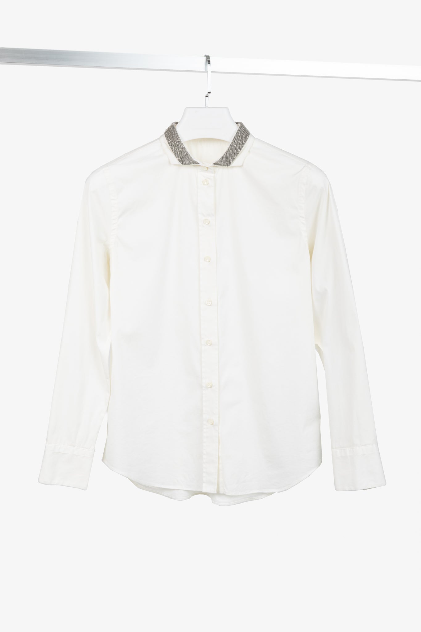 Brunello Cucinelli SS/17 Off-White Cotton Poplin Monili-Collar Shirt