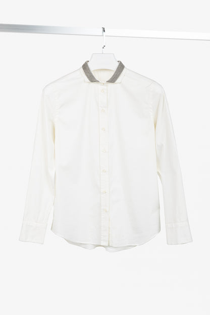 Brunello Cucinelli SS/17 Off-White Cotton Poplin Monili-Collar Shirt