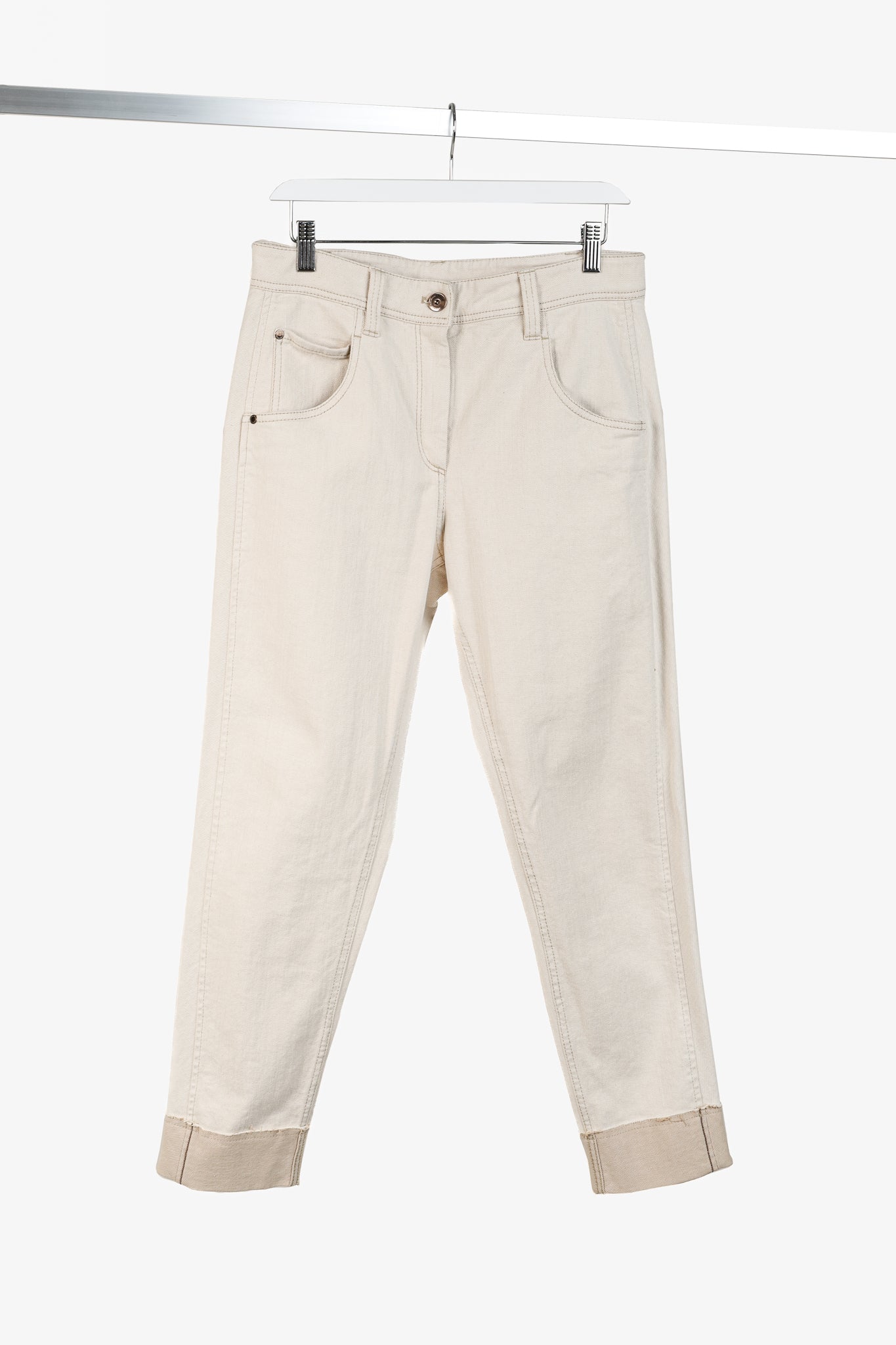 Brunello Cucinelli SS/20 Cream Monili-Bead Distress-Cuff Jeans
