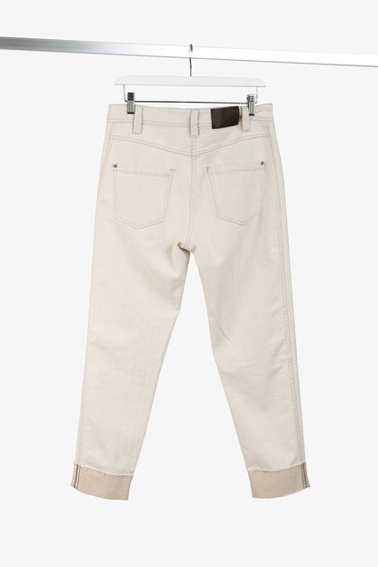 Brunello Cucinelli SS/20 Cream Monili-Bead Distress-Cuff Jeans