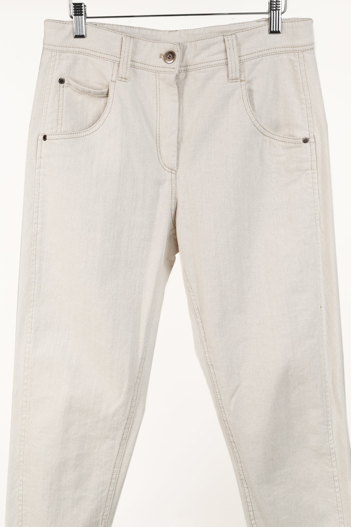 Brunello Cucinelli SS/20 Cream Monili-Bead Distress-Cuff Jeans