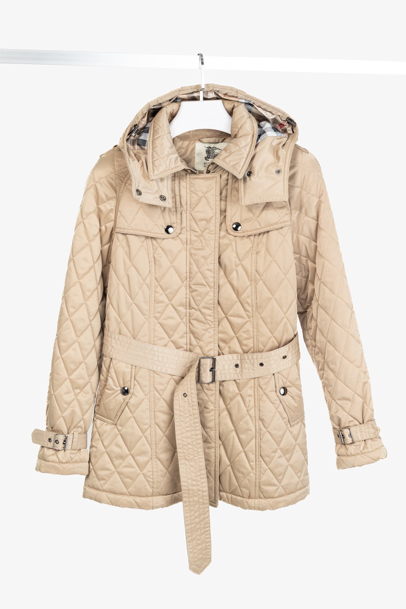 Burberry Tan Quilted-Taffeta Belted Hooded Jacket