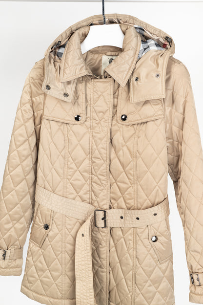 Burberry Tan Quilted-Taffeta Belted Hooded Jacket