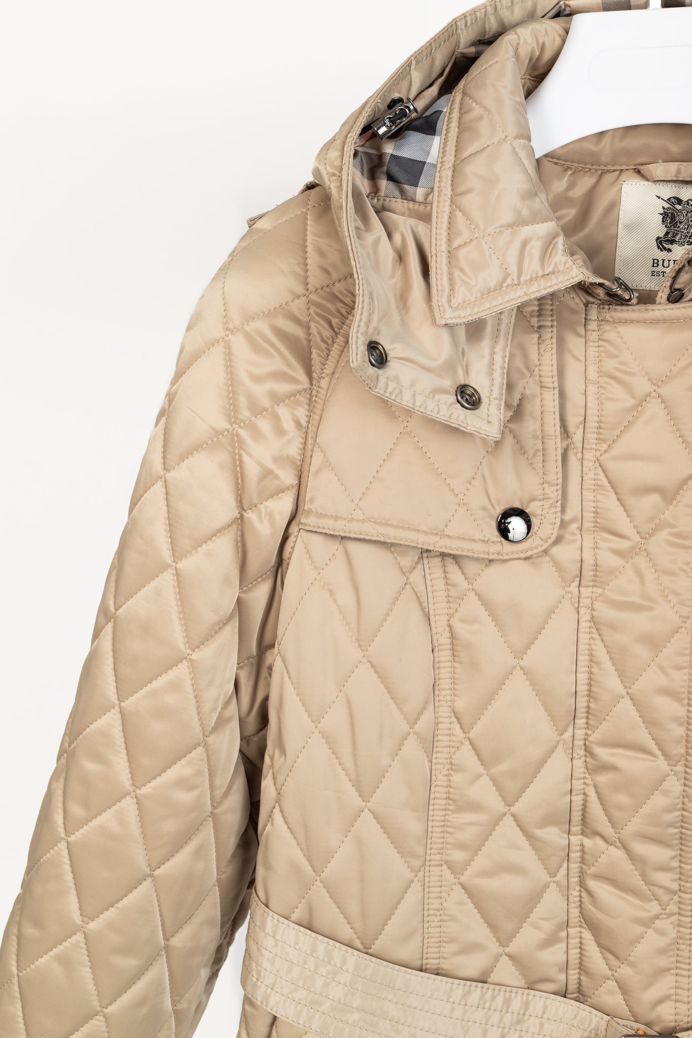 Burberry Tan Quilted-Taffeta Belted Hooded Jacket