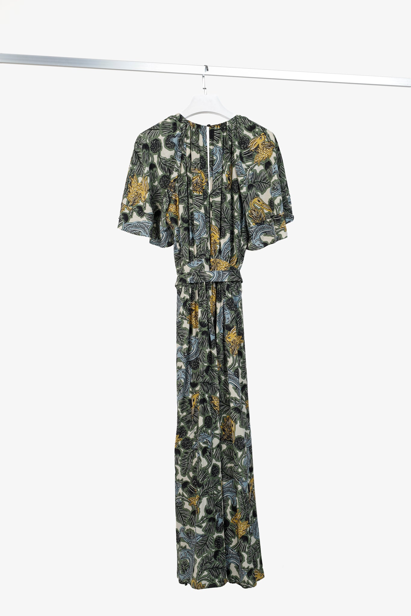 Burberry 2017 Beasts Clay Green Beasts Print Deep V-Neck Silk Longline Dress