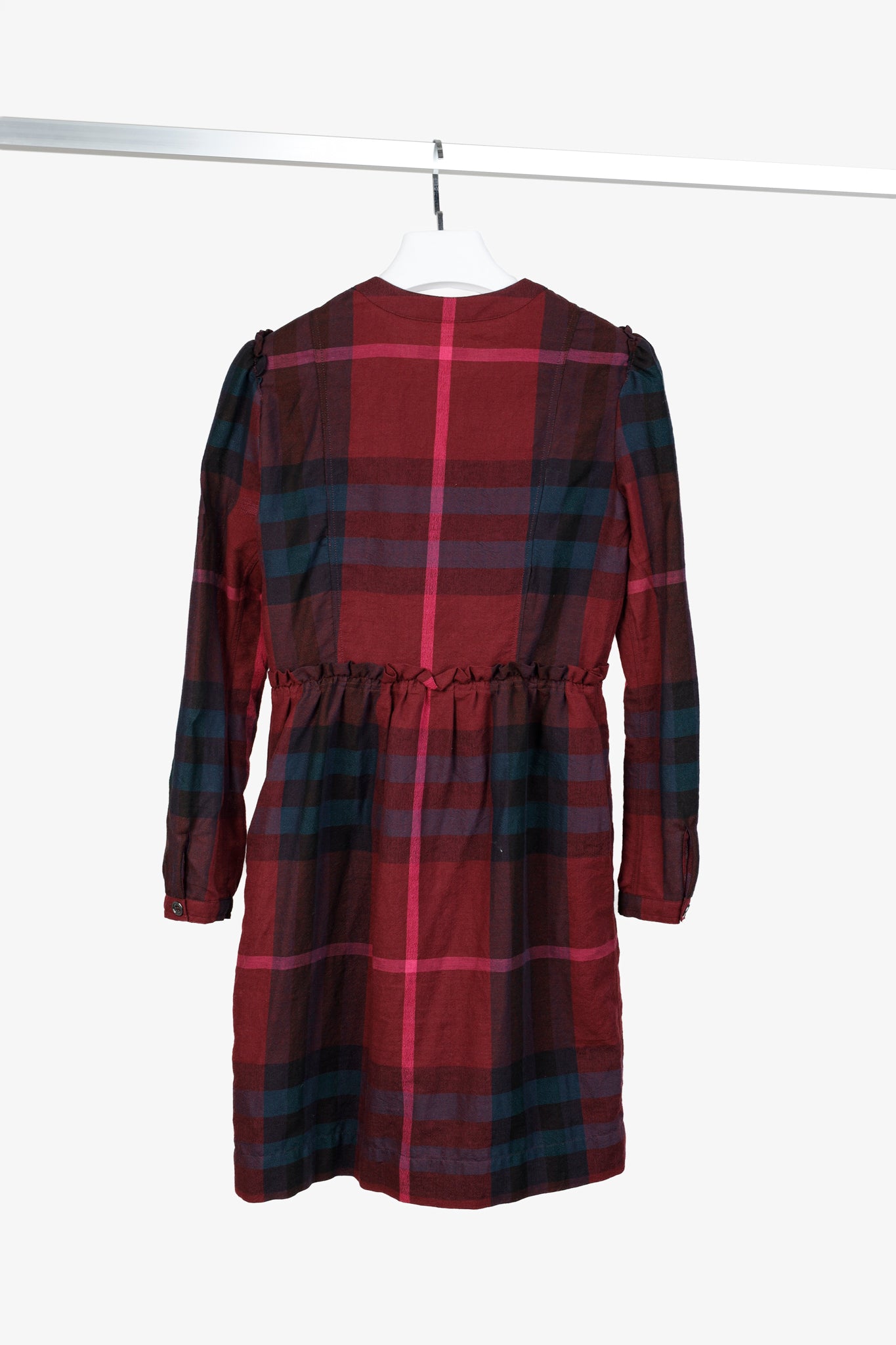 Burberry Brit Burgundy Check Ruffle-Trim Long-Sleeve Dress