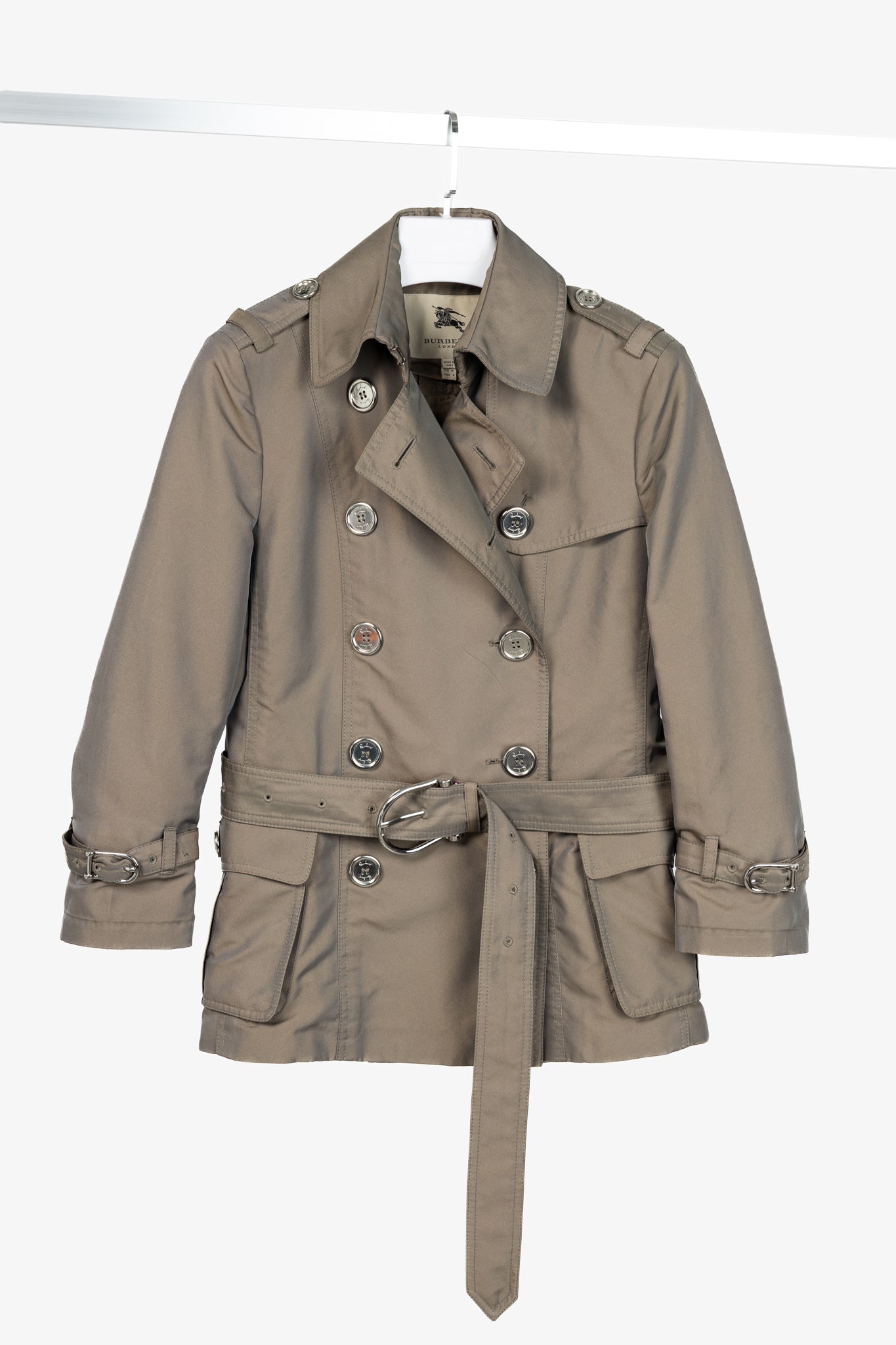 Burberry Taupe Taffeta Double-Breasted Belted Short Trench Jacket
