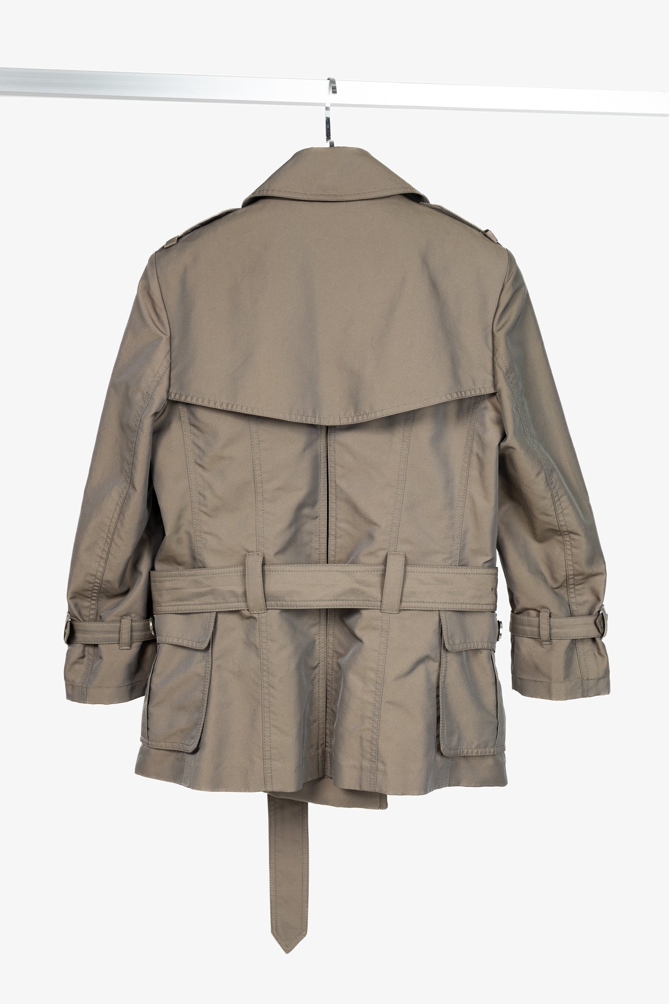 Burberry Taupe Taffeta Double-Breasted Belted Short Trench Jacket