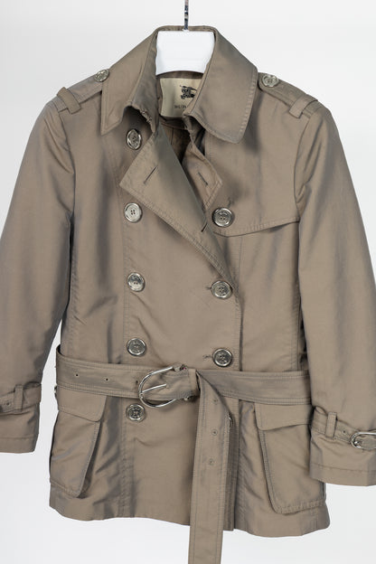 Burberry Taupe Taffeta Double-Breasted Belted Short Trench Jacket