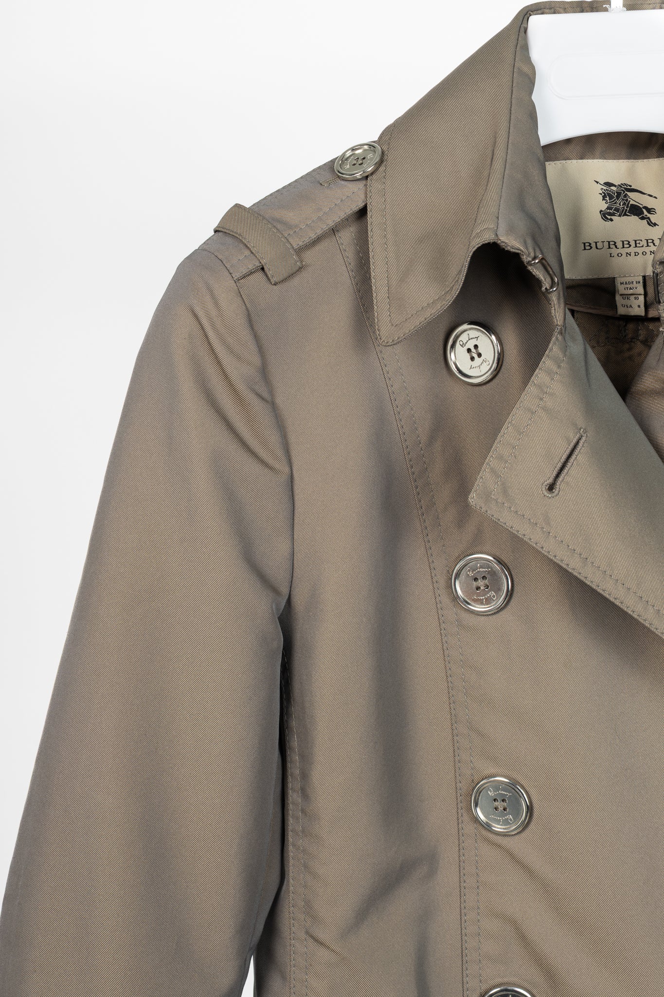 Burberry Taupe Taffeta Double-Breasted Belted Short Trench Jacket