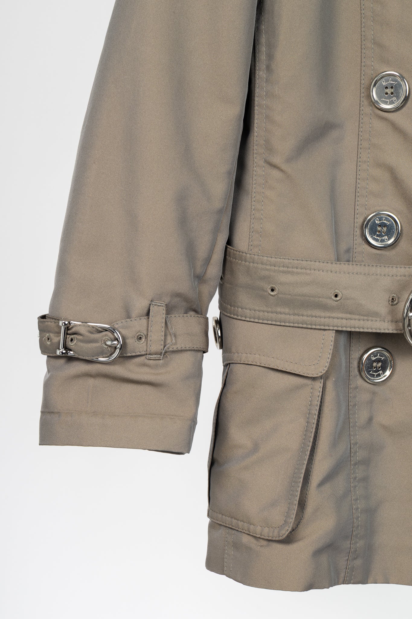 Burberry Taupe Taffeta Double-Breasted Belted Short Trench Jacket