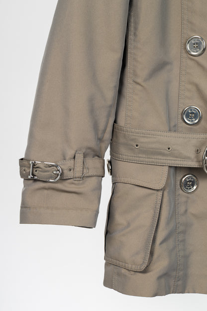 Burberry Taupe Taffeta Double-Breasted Belted Short Trench Jacket