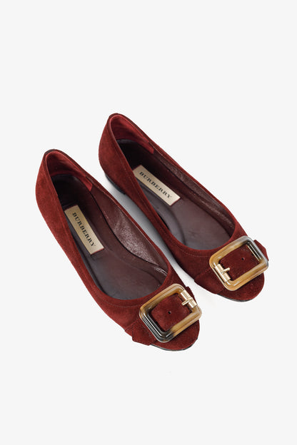 Burberry Leygreen Mahogany Red Suede Trench Buckle Ballerina Flats