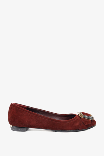 Burberry Leygreen Mahogany Red Suede Trench Buckle Ballerina Flats