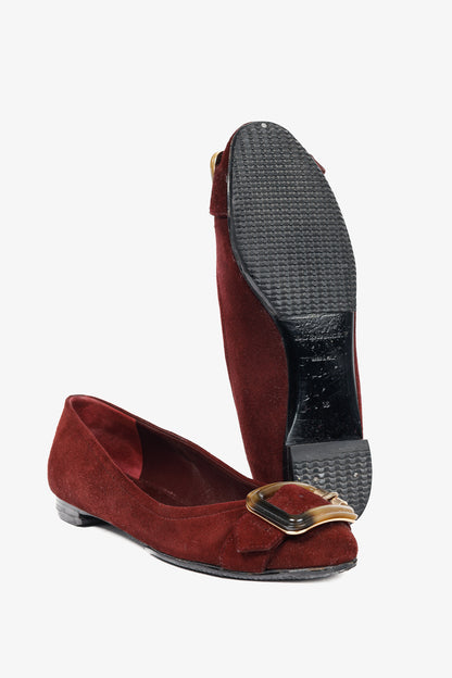 Burberry Leygreen Mahogany Red Suede Trench Buckle Ballerina Flats