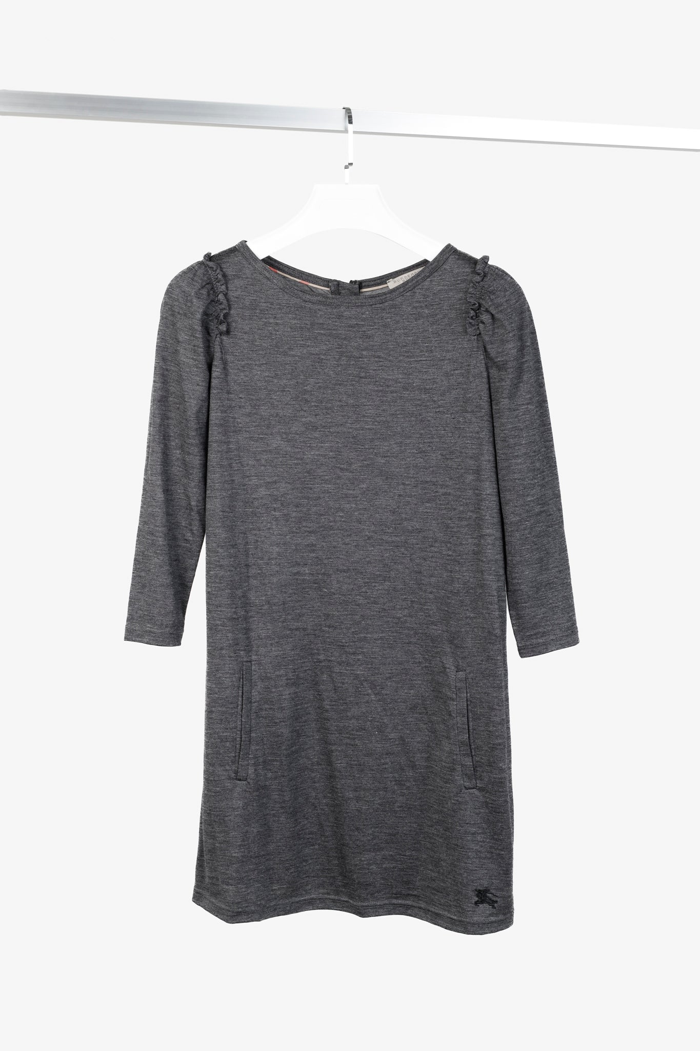 Burberry Brit Grey Wool-Blend Ruffled-Shoulder Mini Dress