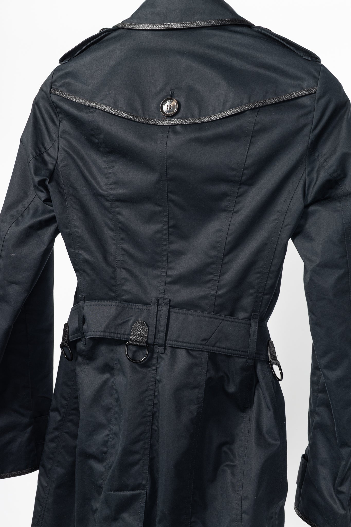 Burberry Black Cotton Leather-Trim Double-Breasted Belted Trench Coat