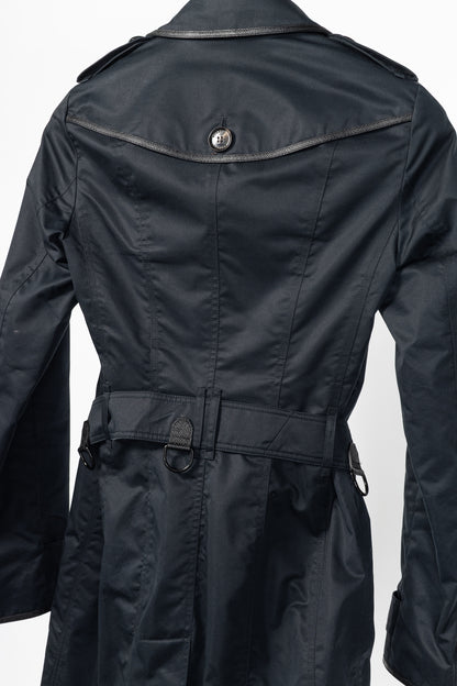Burberry Black Cotton Leather-Trim Double-Breasted Belted Trench Coat