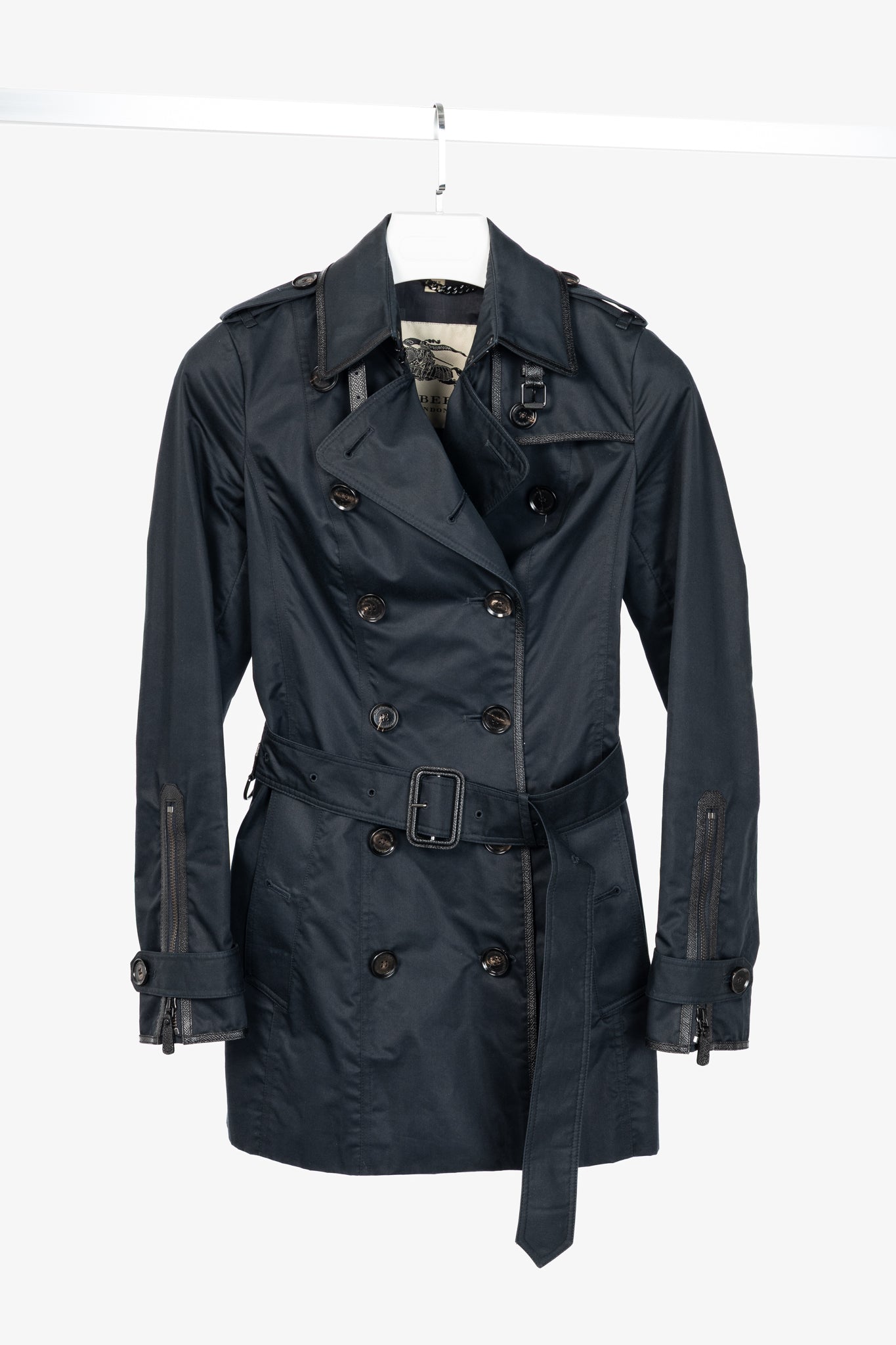 Burberry Black Cotton Leather-Trim Double-Breasted Belted Trench Coat