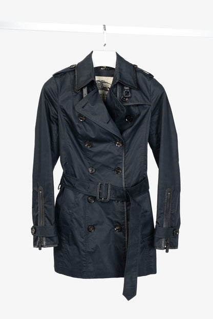 Burberry Black Cotton Leather-Trim Double-Breasted Belted Trench Coat