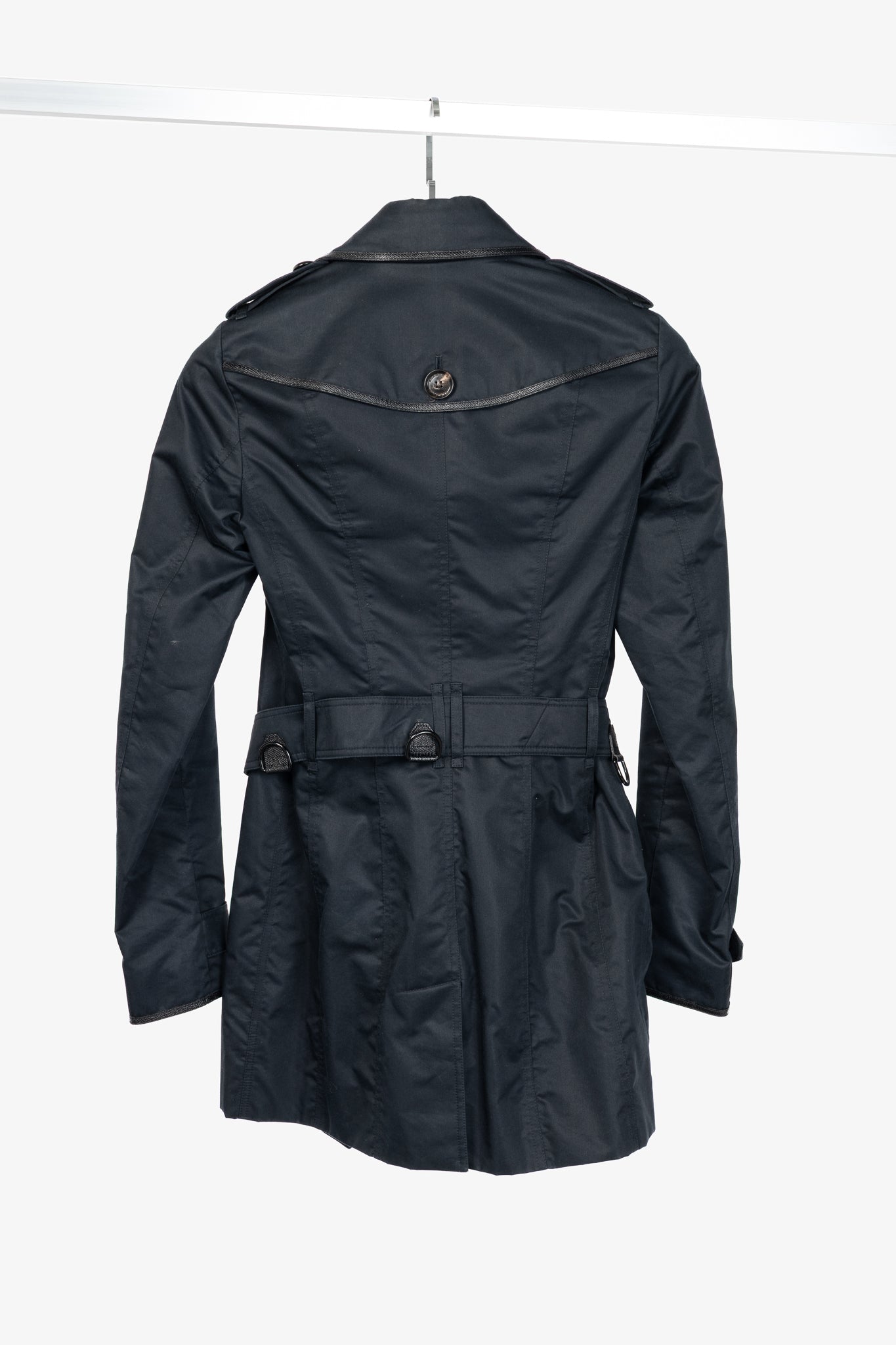 Burberry Black Cotton Leather-Trim Double-Breasted Belted Trench Coat