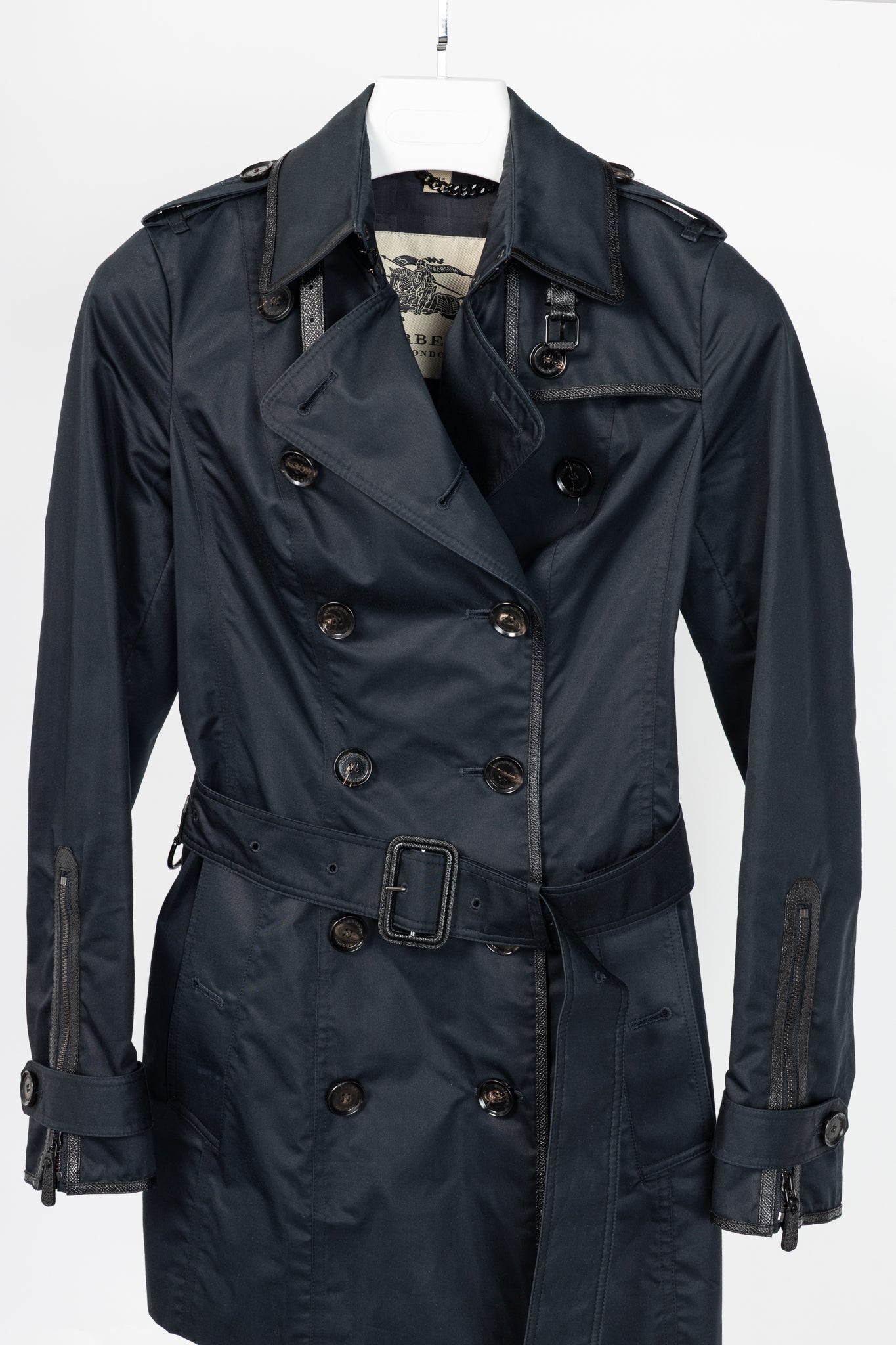 Burberry Black Cotton Leather-Trim Double-Breasted Belted Trench Coat