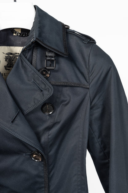 Burberry Black Cotton Leather-Trim Double-Breasted Belted Trench Coat