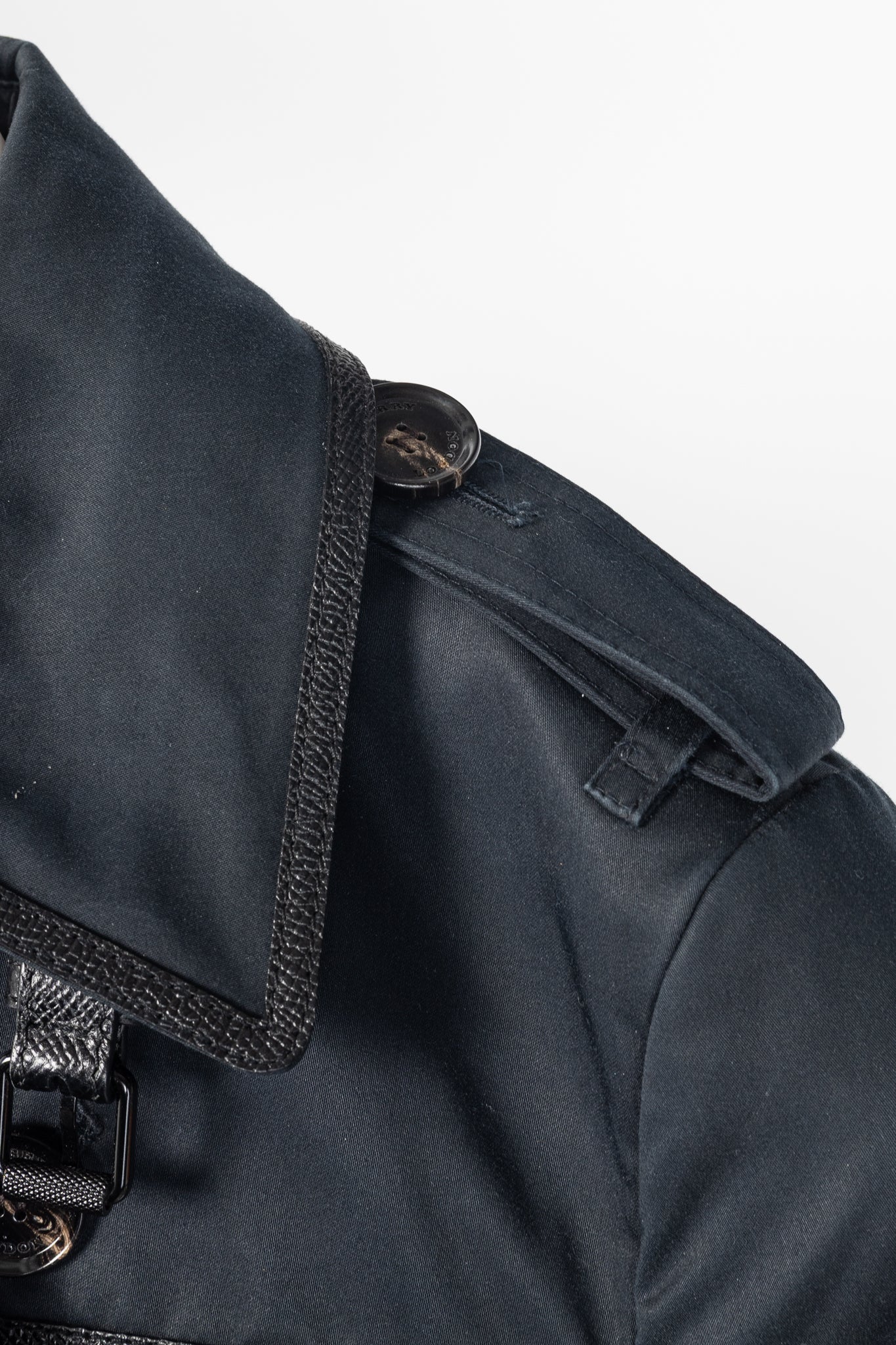 Burberry Black Cotton Leather-Trim Double-Breasted Belted Trench Coat