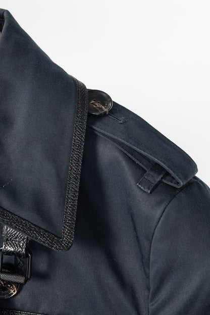 Burberry Black Cotton Leather-Trim Double-Breasted Belted Trench Coat