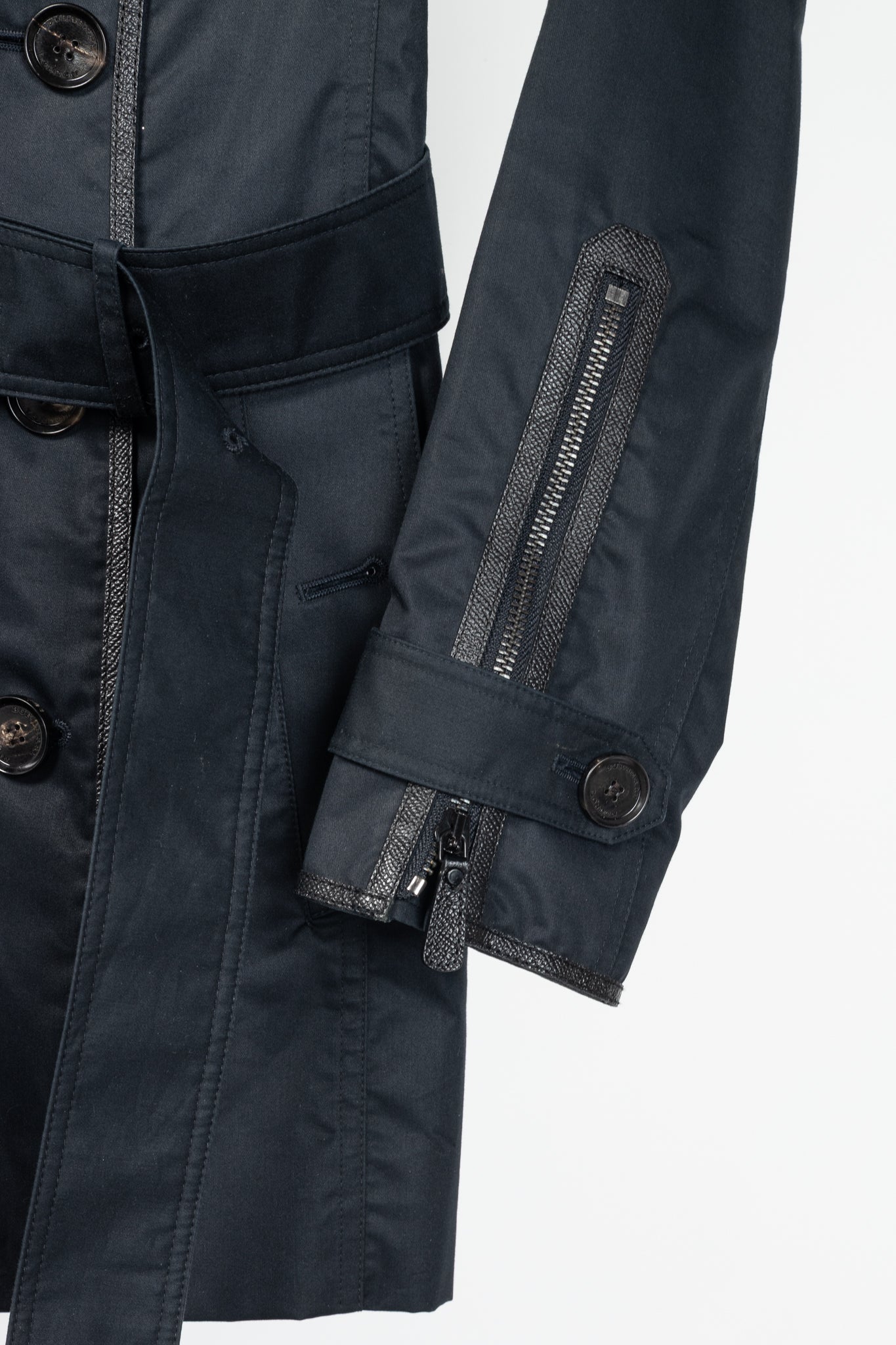 Burberry Black Cotton Leather-Trim Double-Breasted Belted Trench Coat