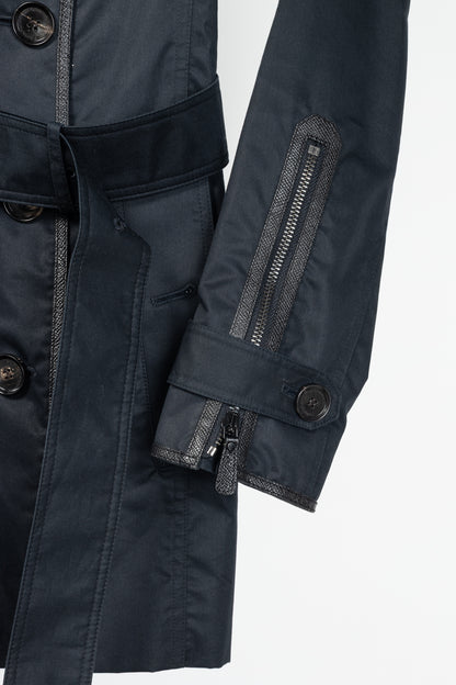 Burberry Black Cotton Leather-Trim Double-Breasted Belted Trench Coat