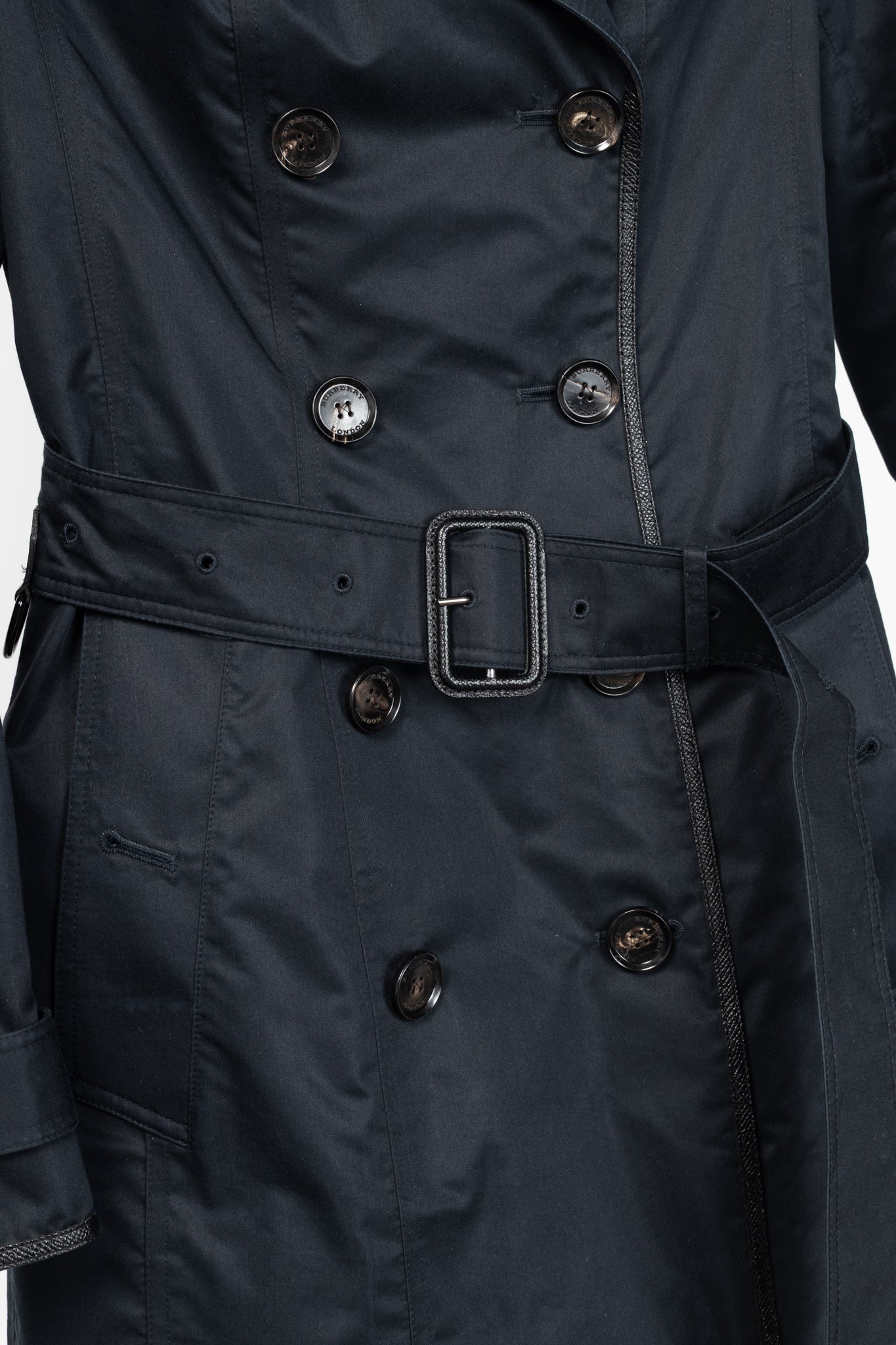 Burberry Black Cotton Leather-Trim Double-Breasted Belted Trench Coat