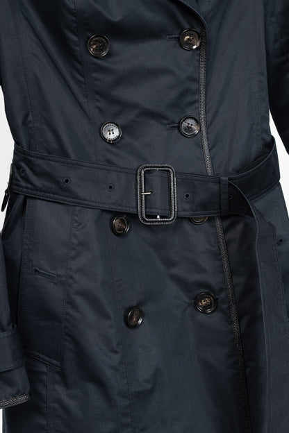 Burberry Black Cotton Leather-Trim Double-Breasted Belted Trench Coat