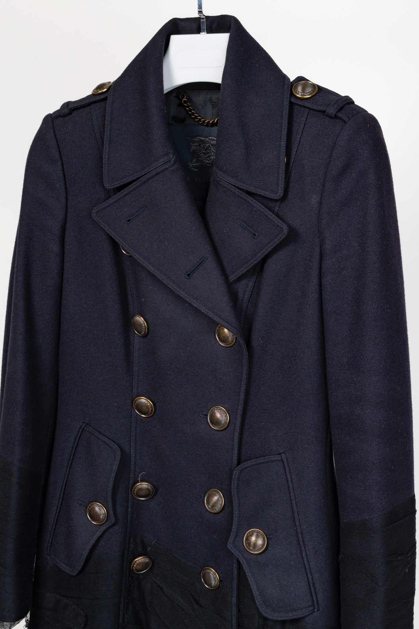 Burberry Prorsum Navy Wool Tulle Trim Pea Coat