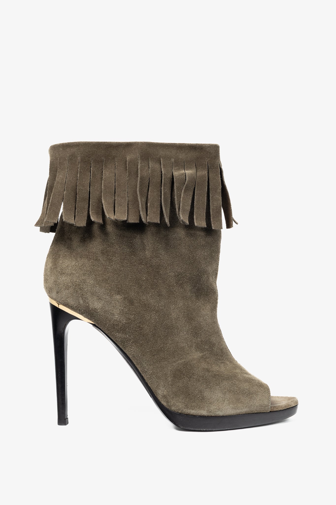 Burberry Pelling Khaki Suede Fringe Peep-Toe Booties