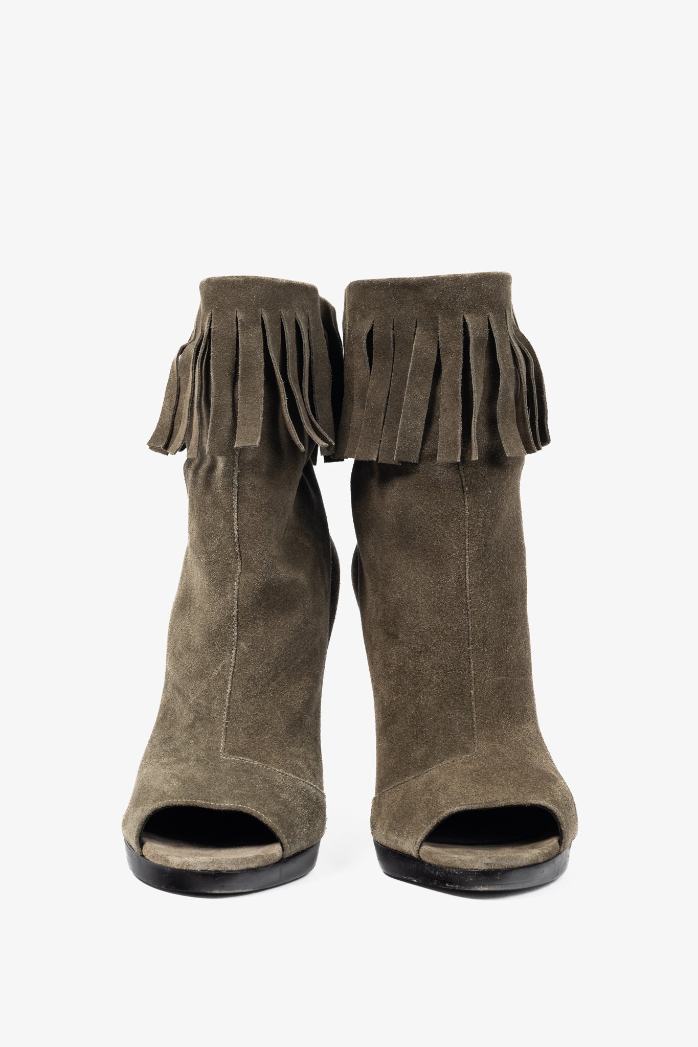 Burberry Pelling Khaki Suede Fringe Peep-Toe Booties